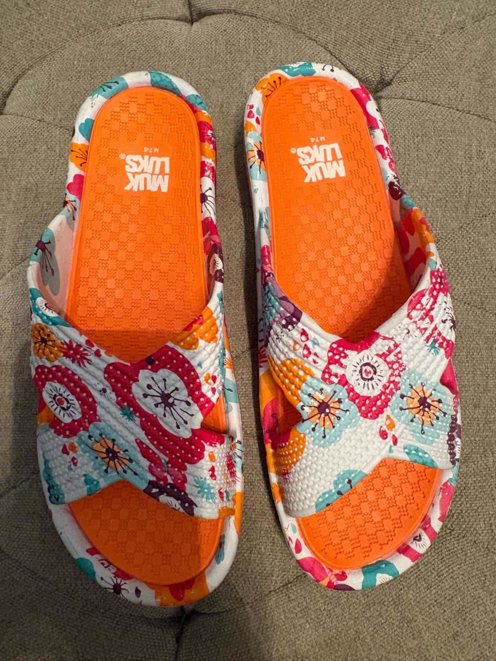 Muk Luks Orange Floral Crossband Slide Sandals